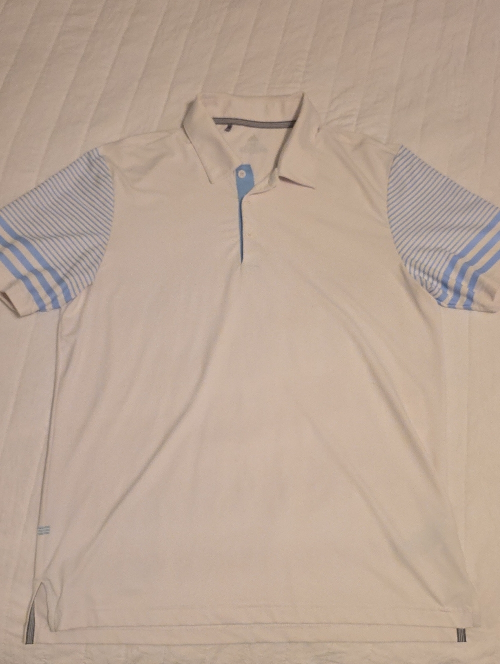 adidas White Golf Polo with Light Blue Striped Sleeves